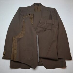 Saxony Hall 42R 34x30 Brown Gold Button 3 Piece Vest Mens Jacket Pants Suit